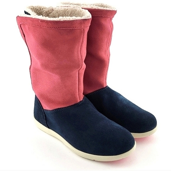 Crocs Adela Women's Foldover Fuzz  Leather Boots Pink Poppy Stucco Navy Size 6 - Picture 3 of 15